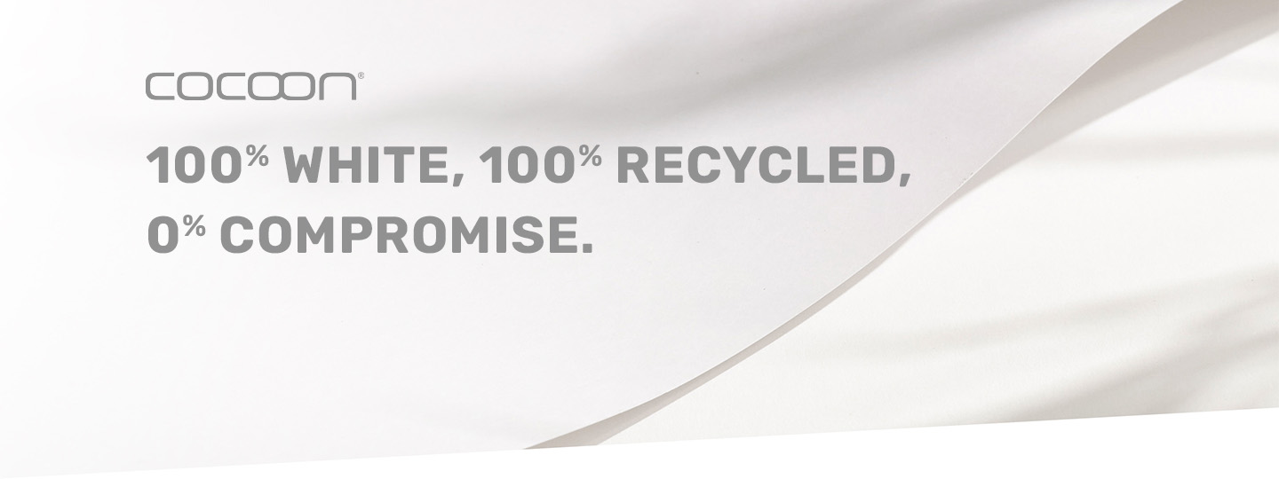 Bannière Cocoon - 100% white. 100% recycled. 0% compromise.