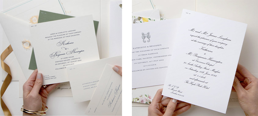 Traditionele ontwerpen voor huwelijksinvitaties door Mount Street Printers.