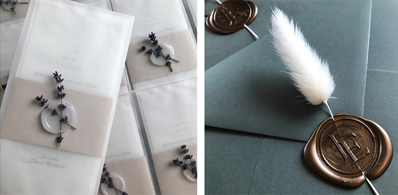Invitaties met lakzegels en bloemmotieven van lavendel en bunny op Curious Translucents en Keaykolour