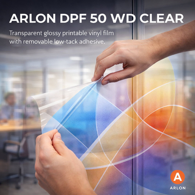 Arlon DPF 50 WD Clear – Transparante folie van 50 µm op waterbasis, ideaal voor etalages en digitaal drukwerk.