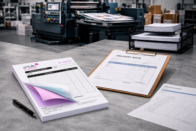 Zelfkopiërend papier meerlaags wit, roze en blauw voor offsetdruk — bestelformulieren en leveringsbonnen gedrukt op industriële offsetpers