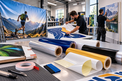 Assortiment CAD/CAM speciaalfolies met rollen beschermfolie, dubbelzijdige plakfolie en montagegereedschap op werktafel