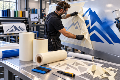 Rollen sjabloonfolie voor verf en pelgereedschap op snijtafel voor industriële spuitwerken