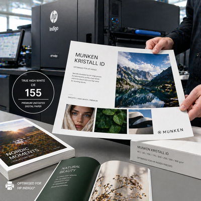 Munken Kristall ID – Ongecoat High White-papier, geoptimaliseerd voor HP Indigo, met hoog contrast en FSC- en PEFC-certificeringen.