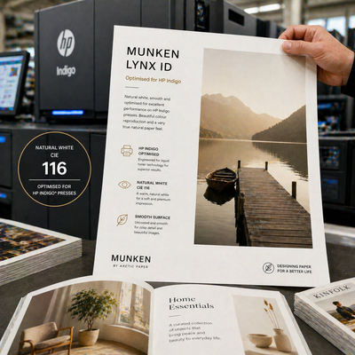 Munken Lynx ID – Premium velijnpapier, geoptimaliseerd voor HP Indigo, met een glad oppervlak, natuurwit en voorzien van FSC- en PEFC-certificaten.
