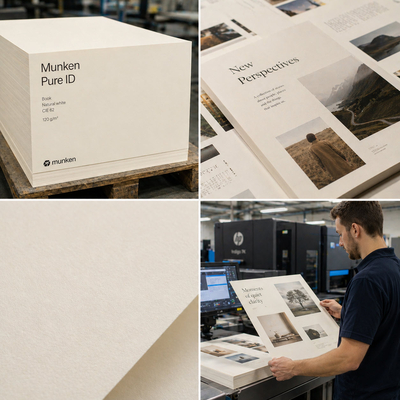 Munken Pure ID – Crèmekleurig premium papier, geoptimaliseerd voor HP Indigo, uitstekende tonerhechting en FSC- en PEFC-gecertificeerd.