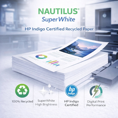 Nautilus SuperWhite HP Indigo – 100% gerecycled papier met HP Indigo-certificering, hoge witheid en premium digitale afdrukkwaliteit.
