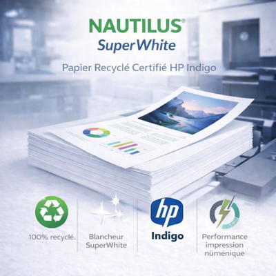 Nautilus SuperWhite HP Indigo is gemaakt van 100% gerecycled papier, gecertificeerd door HP Indigo.