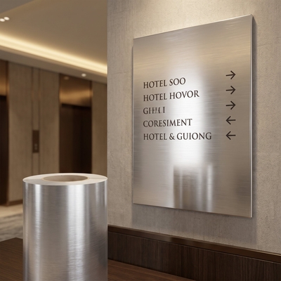Wegwijzerbord voor binnen in een hotel bekleed met Oracal 351 gemetalliseerde zelfklevende folie met geborsteld metaaleffect.