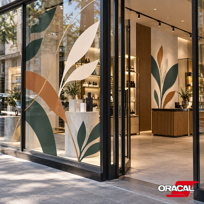 Elegante plantendecoratie op winkelruit uitgevoerd met gekleurde ORACAL 551 snijfolie