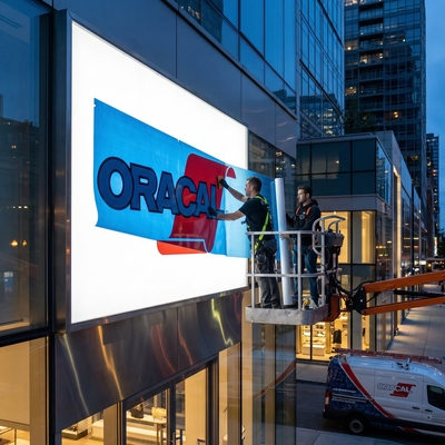 Signmakers in een hoogwerker monteren een bedrukte ORACAL 8500 translucente folie op een grote gevellichtbak