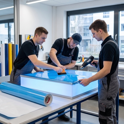 Werkplaatsmontage van een achterverlichte lichtbak met blauwe ORACAL 8500 translucente folie met behulp van een rakel