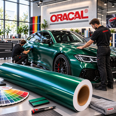 Een team van monteurs brengt in een erkend centrum een metallic groene ORACAL 970RA carwrapfolie aan
