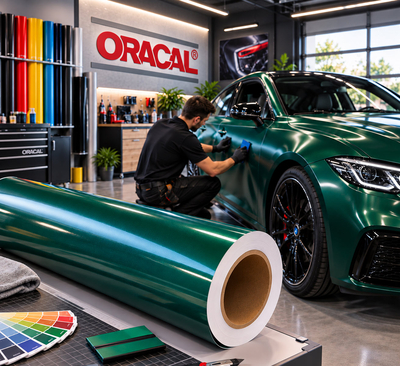 Technici die de plaatsing en kwaliteitscontrole van een groene ORACAL 970RA carwrap uitvoeren