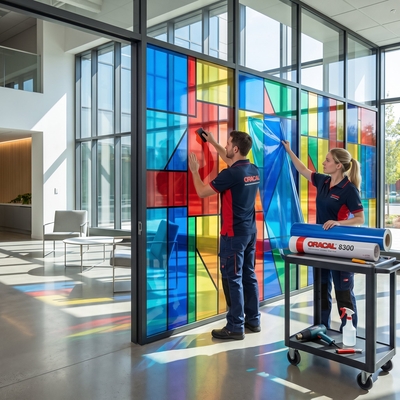 Signmakers monteren gekleurde transparante ORACAL 8300 folie in rood, blauw en geel voor een glas-in-loodeffect op een etalage