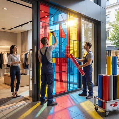 Aanbrengen met een rakel van transparante gekleurde ORACAL 8300 kleeffolie op een glazen tussenwand in een kantoorpand