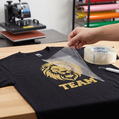 Hand die de transparante POLI-TACK 854 applicatiefolie verwijdert van een zwart t-shirt bedrukt met gouden leeuwenmotief