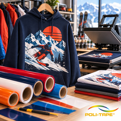 Gepersonaliseerde hoodie met skiedersmotief bedrukt met POLI-FLEX TURBO flexfolie naast een hittepers en gekleurde rollen