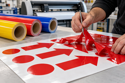Handmatig pellen van een rode monomere vinylfolie voor snijplotter met kleurrollen op de achtergrond
