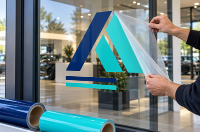 Montage van raambelettering met polymere snijfolie en rollen vinyl op de voorgrond