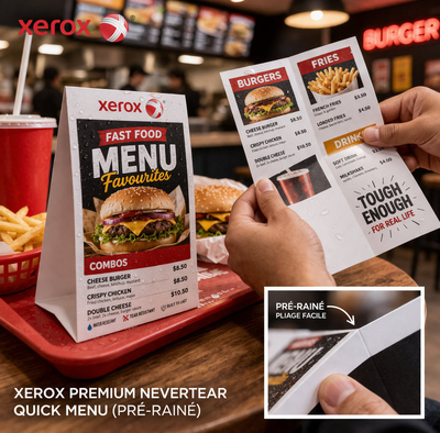 Xerox Premium NeverTear Quick Menu: voorgeperforeerd polyesterpapier, speciaal ontworpen voor laserprinters. Scheurvast, waterbestendig en vlekbestendig