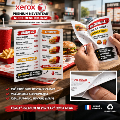 Xerox Premium NeverTear Quick Menu: voorgeperforeerd polyesterpapier, speciaal ontworpen voor laserprinters. Scheurvast, waterbestendig en vlekbestendig