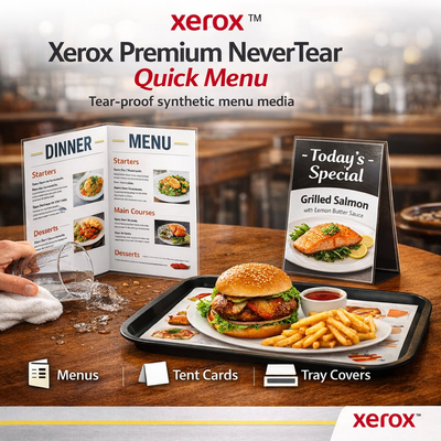 Xerox NeverTear Quick Menu – Voorgesneden, scheurvast en wasbaar polyestervel voor duurzame lasermenu's.