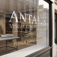 Etalagebelettering uitgevoerd met Oracal 351 gemetalliseerde folie in chroom- en goudeffect voor decoratieve logo's en belettering.