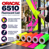 Infographic van Oracal 6510 gegoten fluorescerende folie in 5 felle kleuren met applicatie op etalageruit