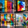 Toepassingen van ORACAL 8300 transparante gekleurde folie: achterverlicht glas, lichtinstallatie, glas-in-loodeffect en raambelettering
