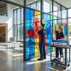 Signmakers monteren gekleurde transparante ORACAL 8300 folie in rood, blauw en geel voor een glas-in-loodeffect op een etalage